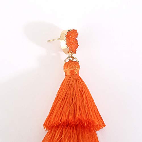 Bohemian Tiered Tassel Earrings with Druzy Stud for Women | Long Layered Fringe Drop Earrings, Statement Jewelry for Party Beach Festival - color: Orange