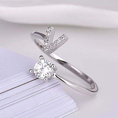 FUTIMELY Initial Letter Ring Alphabet Ring A-Z Silver Crystal Open Adjustable Personalized Initial Ring for Women - style: V