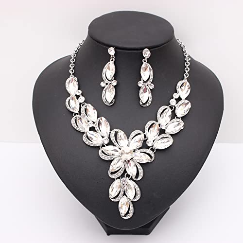 Jewelry Set for Women Rhinestone Austrian Crystal Statement Flower Necklace Link Bangle Bracelet Dangle Earrings Rings Allergy Free Wedding Party Jewelry Set for Bridal Bridesmaid - color: White-Platinum Plated