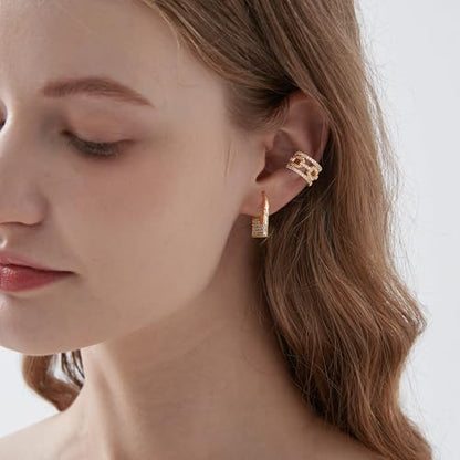 Gold Ear Cuff Earring for Women 14K Gold Plated Cubic Zirconia Non-Pierced Clip on Cartilage Chunky Ear Cuffs Hypoallergenic Jewelry - style: chain