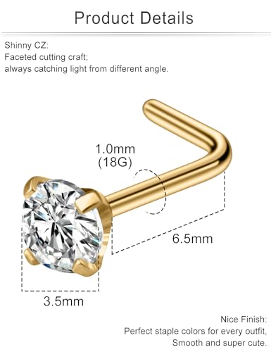 Cisyozi 18G Nose Rings Studs Hypoallergenic Nose Piercings 316L Surgical Steel Silver Nose Rings Set L Shaped Nose Nostril Piercing Jewelry for Women Men Diamond CZ 1.5mm 2mm 2.5mm 3mm 3.5mm 4mm - color: 18G - Gold- CZ 3.5mm