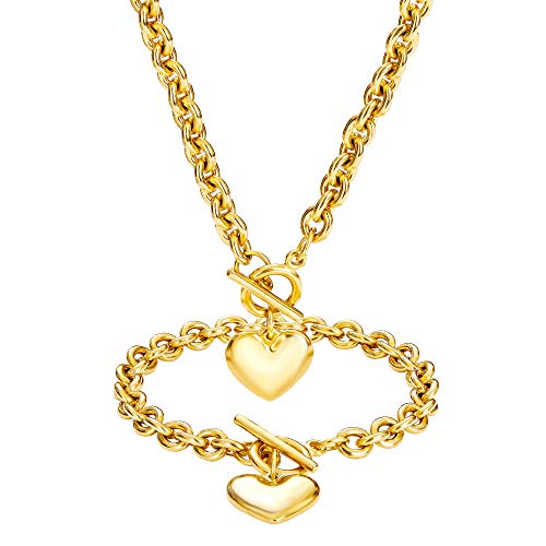 Heart Chain Necklace + Heart Bracelet for Women Girls Hearts Pendant Toggle Charm Jewelry Set Stainless Steel 18K Gold/Rose Gold Silver - color: Gold