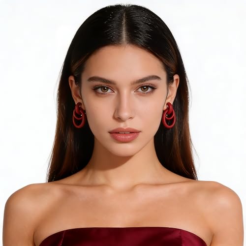 Gold Geometric Clip On Earrings for Women Chunky Gold Knot Link Clip Earrings Trendy Jewelry - color: Wine Red
