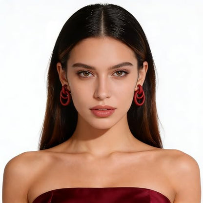 Gold Geometric Clip On Earrings for Women Chunky Gold Knot Link Clip Earrings Trendy Jewelry - color: Wine Red