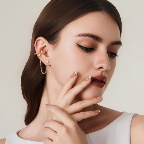 Cicy Bell Ear Cuff Earrings for Women Cubic Zirconia Stud Chain Earrings | 18k Gold Plated Clip On Climber earrings Non Piercing Waterproof Jewelry Gifts Birthday Party - color: Gold
