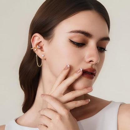 Cicy Bell Ear Cuff Earrings for Women Cubic Zirconia Stud Chain Earrings | 18k Gold Plated Clip On Climber earrings Non Piercing Waterproof Jewelry Gifts Birthday Party - color: Gold