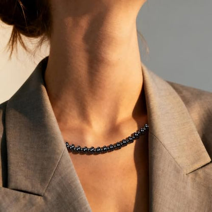 Colorful Beaded Choker Necklaces for Women | Large Natural Stone Bead, Boho Beach Necklace, Trendy Jewelry Gifts, 4 Style, 16+3 in - color: 04-Black