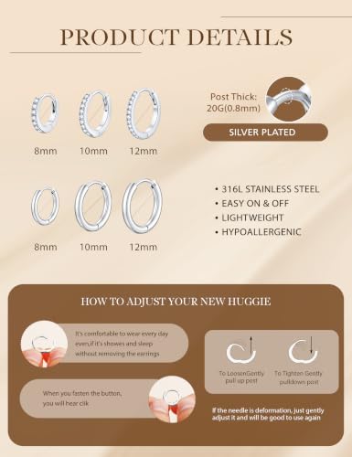 Hypoallergenic Gold Huggie Hoop Earrings Set for Women Girls | 14K Gold Plated, Small Hoop Earrings Set, Gold Hoop Earring for Women, Huggie Hoop Earrings, Hypoallergenic Gold Earrings - color: Silver Plated