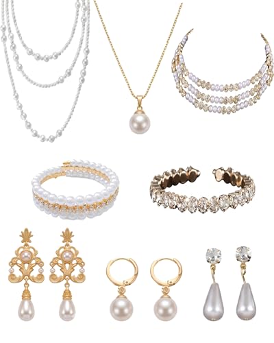 Pearl Necklace Set - Faux Pearl Earrings and Bracelets Jewelry Set for Women Wedding Bridal Shower Tea Party Accessories - style: 8pcs-gold