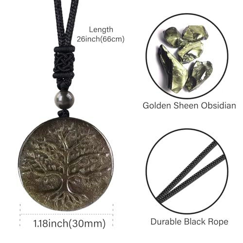 Anjiucc Natural Gemstone Tree of Life Black Obsidian/Golden Obsidian Pendant Necklace for Male and Female Necklace - color: Gold Sheen Obsidian