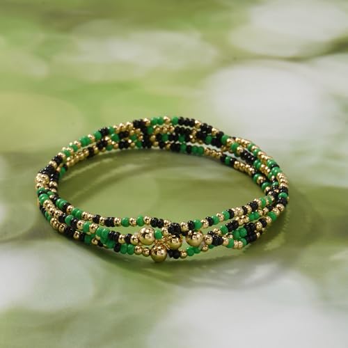 Seed Beaded Stack Bracelets Set for Women,Small Boho 4Pcs Colorful Handmade Dainty Trendy Gold Stretch Accessories Jewelry, Summer Daily Party Friendship Gift - color: Green