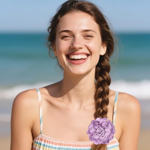 Satin Rose Flower Brooch Hair Clip for Women 4.3 Inch Floral Pin for Hats Dress Everyday Outfits Beach Vacations - color: Taro Purple