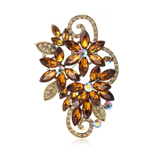 YOQUCOL Vintage Red Austrian Crystal Rhinestone Flower Shape Brooch Pin for Women - color: Brown