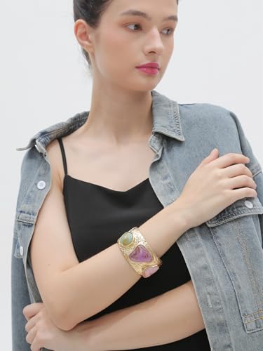 Gold Cuff Bracelet for Women Chunky Bracelet Statement Bracelet | Chunky Bangle Bracelets for Women Silver Beaded Open Bangle Stackable Stretch Bead Bracelet Boho Jewelry Gift for Wife Couple - style: Colorful Stone Bracelets