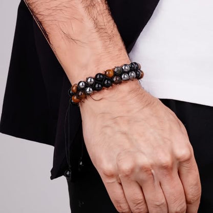 Triple Protection Bracelet,Bracelets for Men Women, Natural Tiger Eye Jewelry Stone Hematite and Blue Stone Hematite 8mm Crystal Bracelet - Adjustable Size with Premium Gift-Box - color: Brown-Black-Silver Gray
