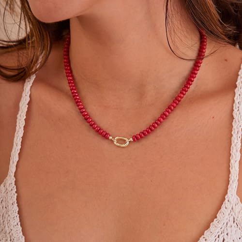 CONRAN KREMIX Colorful Stone Beaded Necklace for Women,Natural Gemstone Bead Choker Necklaces Boho Summer Beach Layering Necklace Jewelry Gift for Women - color: Red