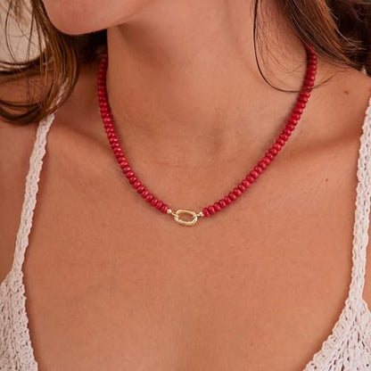 CONRAN KREMIX Colorful Stone Beaded Necklace for Women,Natural Gemstone Bead Choker Necklaces Boho Summer Beach Layering Necklace Jewelry Gift for Women - color: Red