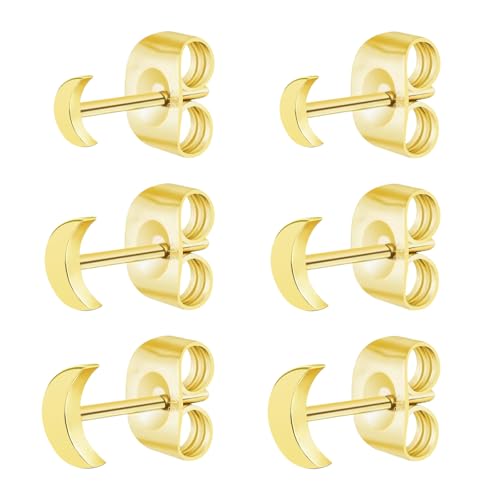 Screw on Earring Backs for Women,Hypoallergenic Surgical Steel Stud Earrings Ball Star Circle Simple Geometric Cartilage Helix Flat Back Piercing Earrings - color: 3Pairs,Gold,Moon(3-5mm)