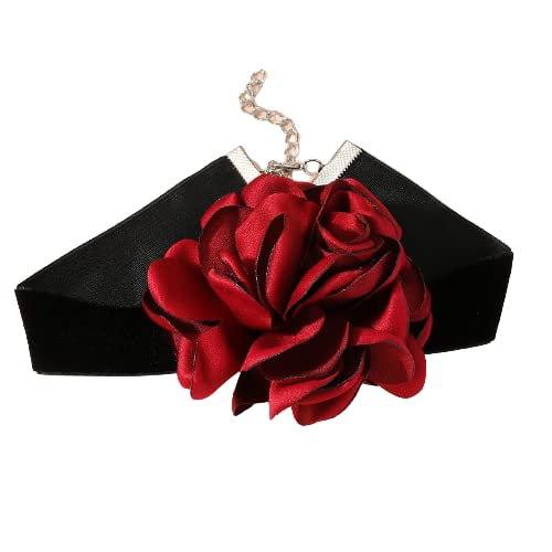 Pingyongchang Black Choker Necklace Camellia Flower Lace-Up Necklace for Women Lace Velvet Collar Colorful Bride Wedding Party Summer Necklaces Long Ribbon Vintage Big Flower Mother's Day Jewelry - color: Red Choker