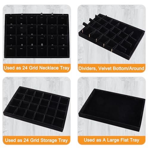 24 Grid Jewelry Tray Velvet Jewelry Display Tray with Removable Dividers | Jewelry Organizer Stackable Trays for Earrings Necklaces Bracelet Rings Display Showcase - Black - color: Black