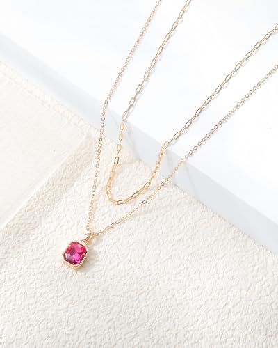 Gold Layered Necklaces for Women, 18k Gold Plated Crystal Necklace Paperclip Choker Emerald Green Jewelry for Women Gifts - color: Pink