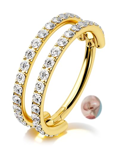 Nose Ring Hoop, 316L Stainless Steel Double Nose Rings, 20G Nose Piercing Jewelry for Women, Clear CZ Helix Cartilage Septum Nose Hoops - color: Gold-8mm