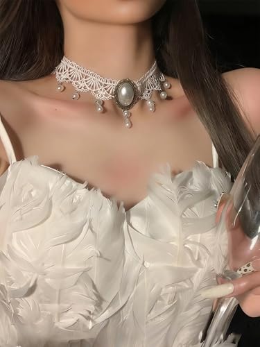 Lace Choker Necklace for Women Tassel Pendant Choker Necklaces Elegant Boho Collar Necklaces Statement Artistic Chain Necklace with Pearl Halloween Party Cosplay Costume Jewelry - color: White Lace Pearl-4