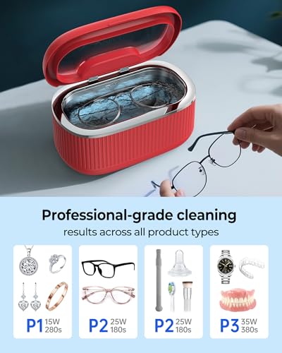 45KHz Ultrasonic Jewelry Cleaner, 5 Timer & 3 Power Modes, 35W Retainer Cleaner for Jewelry, Eyeglasses, Rings, Watch Strap, Dentures - Quiet <38dB, 20oz, 304 Stainless Steel (Red) - color: Red