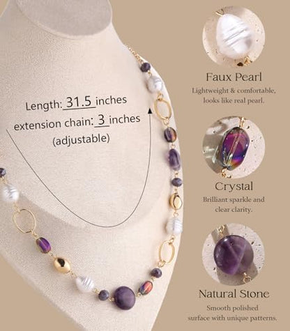 Long Gold Necklaces for Women Trendy Beaded Chain Necklace Chunky Costume Jewelry Gifts for Her - color: Amethyst
