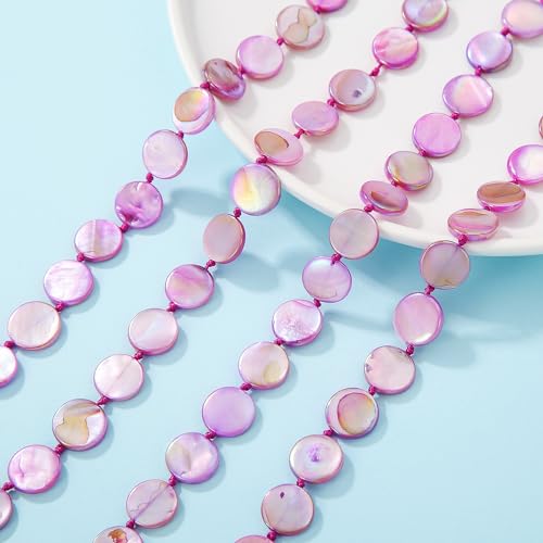 Firstmeet Flat Round Coin Shell Beads Long Knotted Necklace Natural Mother of Pearl Handmade Jewelry For Women - color: S-Purple AB