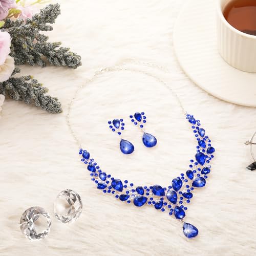 Hicarer Bridal Teardrop Cluster Crystal Jewelry Set for Women Necklace Earrings Wedding - color: Royal Blue