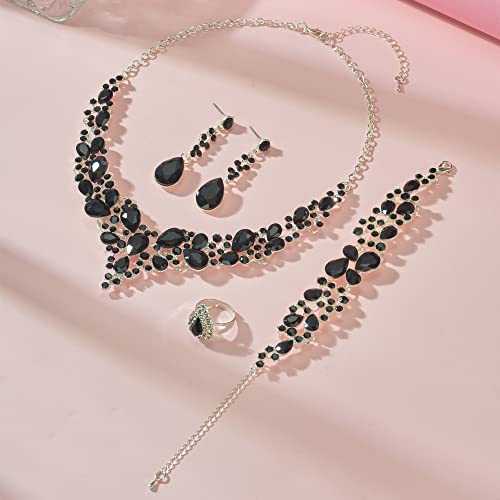 Paxuan Crystal Bridal Wedding Jewelry Sets for Women Rhinestone Teardrop Crystal Statement Choker Necklace Drop Earrings Link Bracelets Rings Teardrop Jewelry Set for Brides Bridesmaids - color: Black