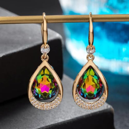 Austrian Crystal Halo Teardrop Hollow Drop Dangle Earrings for Women 14K Rose Gold Plated Hypoallergenic Jewelry Gifts - color: Vitrail Medium