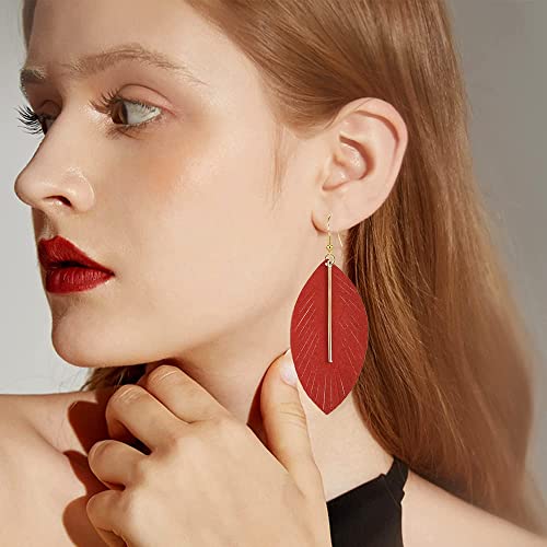 YUNXI Large Genuine Soft Leather Handmade Fringe Feather Lightweight Leaf with Simple Drop Metal Bar Tear Drop Dangle Color Earrings for Women - color: Red