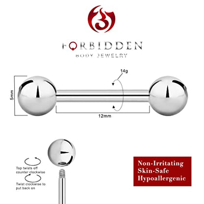 Forbidden Body Jewelry nipple barbell, nipple bars, silver nipplerings piercing Surgical Steel 8g - 18g Straight Barbell Body Jewelry (Sold Individually) - style: 14G 12mm (1/2") 5mm Balls