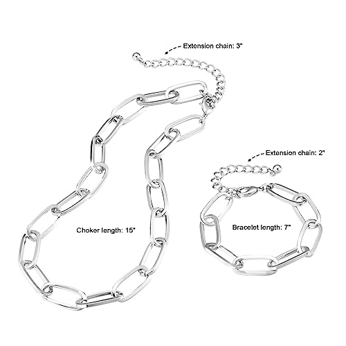 LANE WOODS Chunky Gold Necklace and Bracelet Set for Women, Paperclip Chain | Matching necklace and bracelet set, polished paperclip links, chunky statement style for layering, daily wear, and gifting - color: silver 15"Chain+7"Bracelet