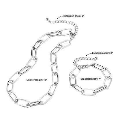 LANE WOODS Chunky Gold Necklace and Bracelet Set for Women, Paperclip Chain | Matching necklace and bracelet set, polished paperclip links, chunky statement style for layering, daily wear, and gifting - color: silver 15"Chain+7"Bracelet