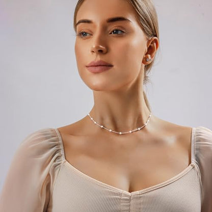 Zeffy Pearl Necklace 4MM/6MM/8MM Dainty Round Imitation Pearl Choker Necklace Wedding Pearl Necklace Delicate Jewelry for Women Simple Bridesmaid Jewelry Gifts - style: 4mm Silver Satellite Pearl Necklace(14"+2")