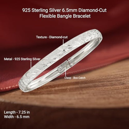925 Sterling Silver 6.5mm Diamond-Cut Flexible Bangle Bracelet 7.25"