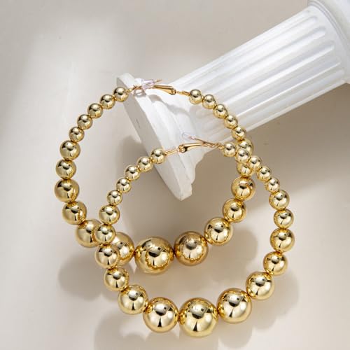Gold Extra Large Hoop Earrings for Women,Round Metal Ball Beaded Dangle Earrings,Geometric Big Hoops Hanging Earrings Boho Vocation Everyday Jewelry - color: Golden