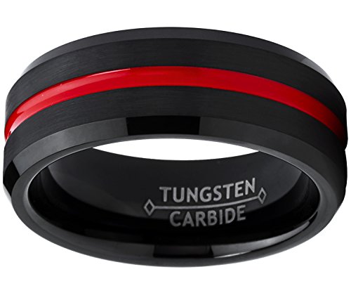 Men's Tungsten Carbide Black Wedding Band Engagement Ring,Grooved Red Center, Comfort Fit 7-13