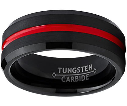 Men's Tungsten Carbide Black Wedding Band Engagement Ring,Grooved Red Center, Comfort Fit 7-13