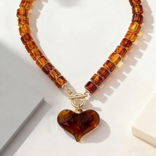 Chunky Heart Necklaces for Women Colorful Resin Beaded Necklaces for Women Gold Puffy Heart Statement Necklace Trendy Acrylic Choker Jewelry Gift - color: Amber