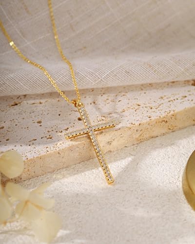 Cross Necklace for Women, 14K Gold Plated Cubic Zirconia Cross Pendant Necklace, Trendy Christian Jewelry Gifts for Baptism First Communion Christmas - color: Style H - Gold