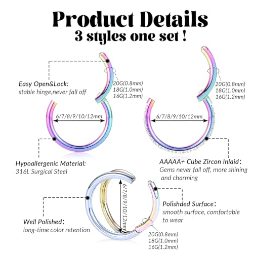 FUNLMO 3Pcs Nose Rings Double Hoop Nose Ring Conch Daith Tragus Helix Rook Piercing Jewelry Surgical Steel Cartilage Earring Conch Hoop Earring Septum Jewelry Lip Ring - color: Style 1: Rainbow