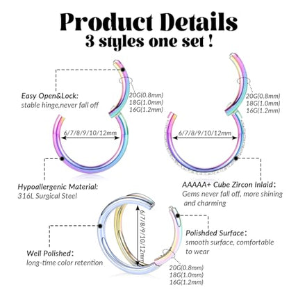FUNLMO 3Pcs Nose Rings Double Hoop Nose Ring Conch Daith Tragus Helix Rook Piercing Jewelry Surgical Steel Cartilage Earring Conch Hoop Earring Septum Jewelry Lip Ring - color: Style 1: Rainbow