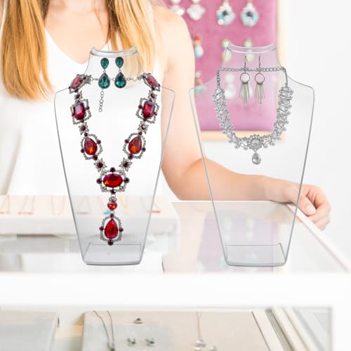 MyGift 12 Inch Clear Acrylic Necklace and Earring 3D Bust Jewelry Display Stand, Tabletop Neck Form Base Chain Holder for Home or Retail Showcase, Set of 2
