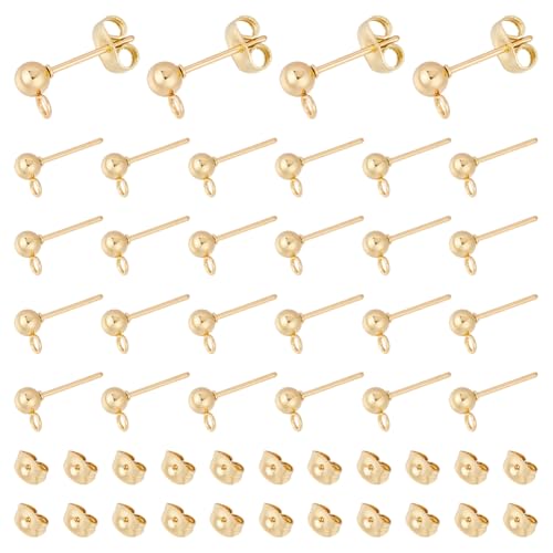 UNICRAFTALE About 30Pcs Real 24K Gold Plated Stud Earring Findings 15x7mm Golden Ball Post Stud Earrings with Ear Nuts and Loop Earring Findings Earrings Component for DIY Jewellery Making - color: Golden