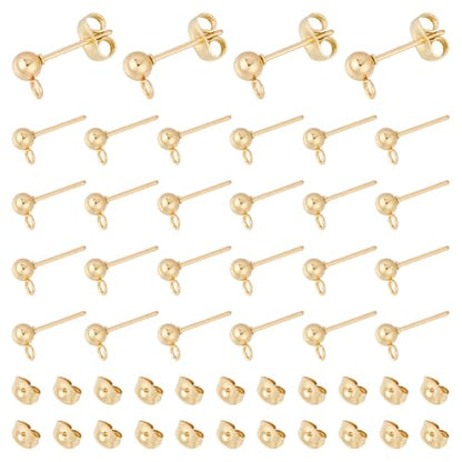 UNICRAFTALE About 30Pcs Real 24K Gold Plated Stud Earring Findings 15x7mm Golden Ball Post Stud Earrings with Ear Nuts and Loop Earring Findings Earrings Component for DIY Jewellery Making - color: Golden