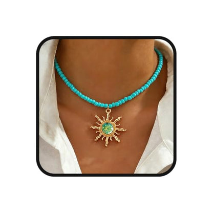 Tgirls Boho Beaded Choker Necklace Opal Bead Necklace Sun Pendant Summer Jewelry for Women - color: Turquoise